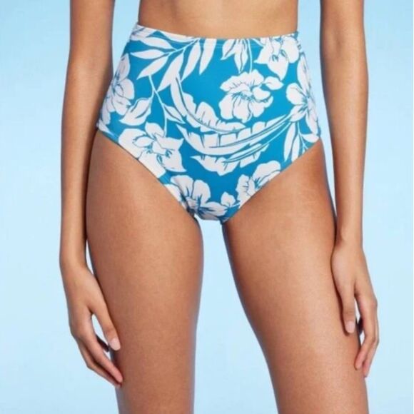 NWT Shade & Shore Small (4-6) Blue White Floral Waist High Bikini Swim Bottom - Picture 1 of 7